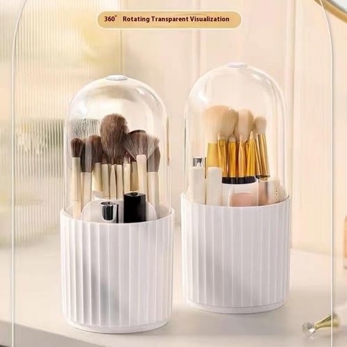 Ariettie Makeup Brush Holder Organizer with Lid, 360 Degree Rotatable Makeup Brush Organizer Spinning Cosmetics Holders Brush Storage Box Display for Bathroom Vanity Countertop, White