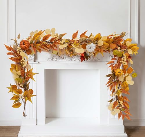 White Pumpkin with Red Willow Leaves Fall Garland 6.8FT Autumn Decor for Home Thanksgiving Halloween