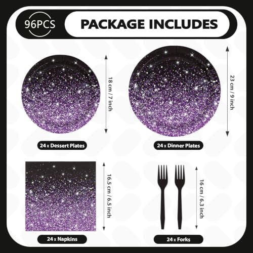 Black Purple Plates - 96Pcs Birthday Party Decorations for Girls, Serves 24, Glitter Gradient with Star Accents