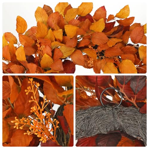 Artificial Fall Leaf Wreath - 24 Inch Autumn Decoration in Orange Yellow - Rustic Front Door Decor