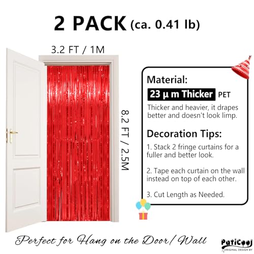 Red Foil Fringe Curtains for Party Backdrop - 8.2FT Thick Streamers, 2 Pack, 38.4W x 98.4L