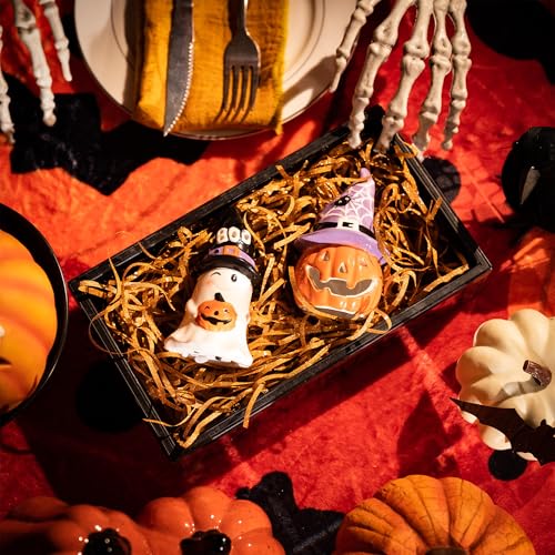 Halloween Ceramic Figurines with Lights - Jack o Lantern & Ghost Decor, 2 Pack