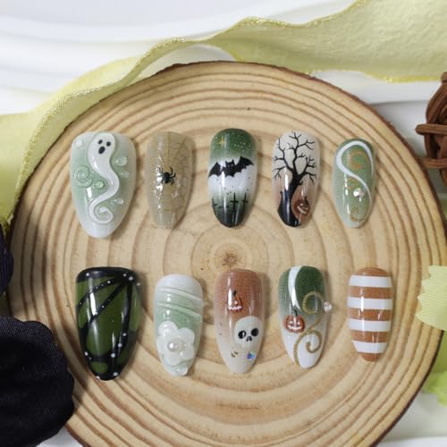 Halloween Ghost Press On Nails with Green Gold Glitter - Spooky-21