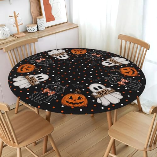 Halloween Polka Dot Round Fitted Tablecloth with Elastic - Black & White Dot, 43 Inch