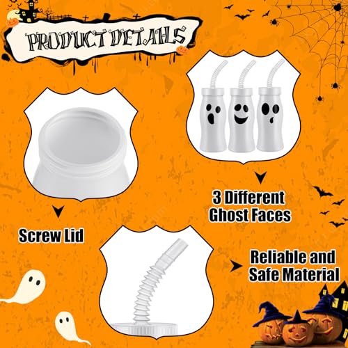 12-Pack Halloween Ghost Cups with Lids & Straws, Reusable Plastic, 8 oz