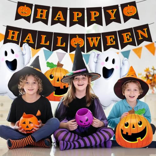 Halloween Banner with Ghost and Pumpkin Balloons - Party Decorations
