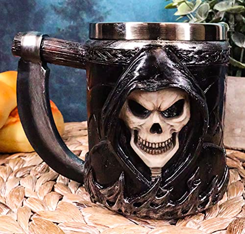 Grim Reaper Coffee Mug with Scythe Handle, 14oz Skeleton Skull Beer Stein