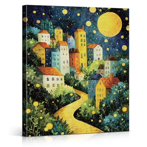 Moonlit Village Canvas Wall Art - Whimsical Landscape, 8x10 Inches, Variation 16