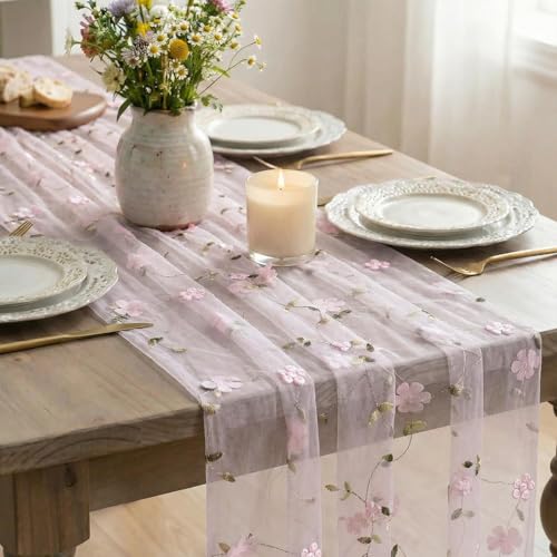 Pink 3D Flower Gauze Embroidery Table Runner - 28 x 120 Inch