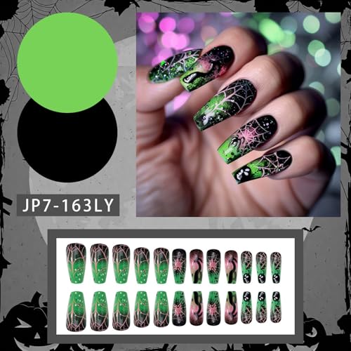 Halloween Green Gradient Fake Nails Set A7 - Coffin Shaped Glitter Tips with Spider Web Design, 24 Pcs