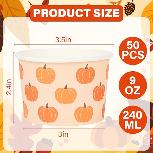 Fall Pumpkin Snack Cups - 50 Pack 9oz Disposable Ice Cream & Treat Cups