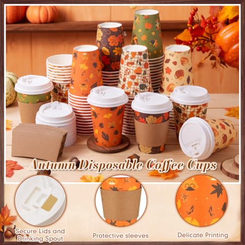 Orange Cartoon Fall 12oz Coffee Cups with Lids and Sleeves Bulk Set