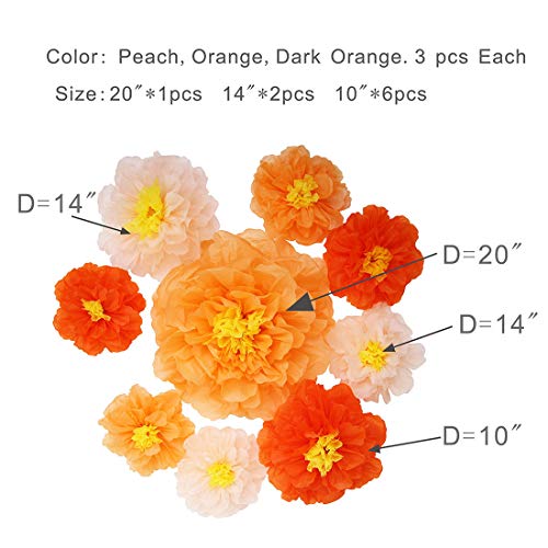 Orange Paper Flower Wall Decor - 20-Inch Large Fall & Party Decoration - Pack of 9 - Variation: Orange