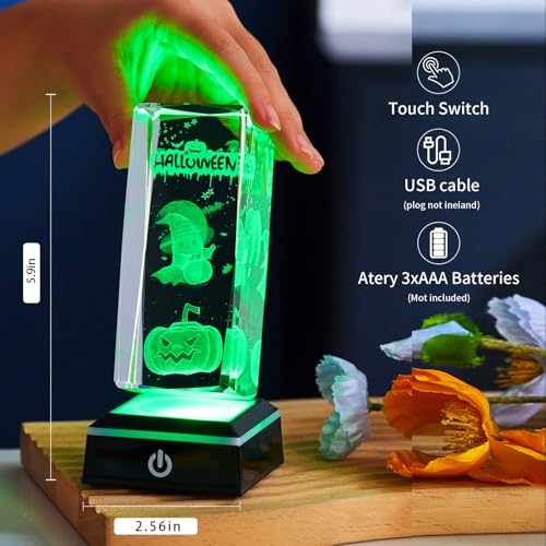Halloween 3D Crystal Night Light Pumpkin Ghost Skull LED Lamp with Colorful Base - Gift Box Included