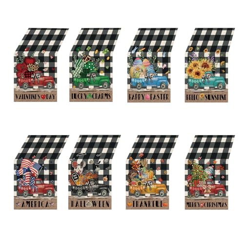 8 Pcs Holiday Truck Burlap Table Runners Set - Rustic Farmhouse Decor