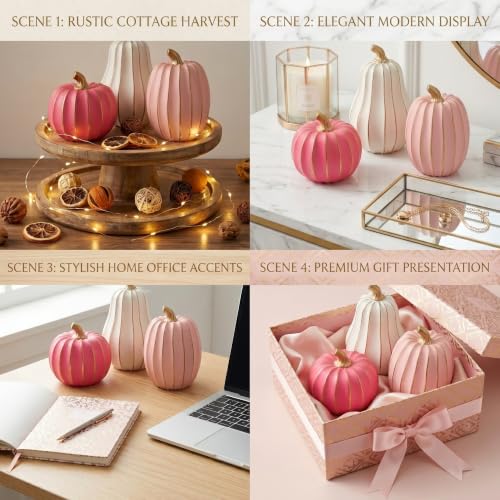White Pink Gold Pumpkin Decor Set - 3 Resin Fall Figurines with Gold Trim & Metallic Stems - Variation of THIS listing