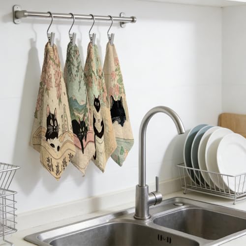 Funny Black Cat Hand Towels Set for Cat Lovers Bathroom Decor - 4 Pcs