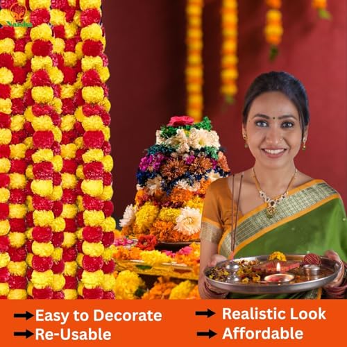 Artificial Marigold Garland 5Ft Red and Yellow Flower Decor Set - Party & Wedding