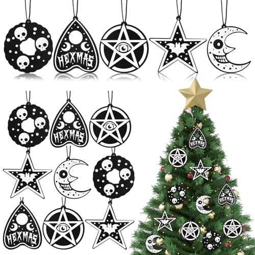 Gothic Christmas Wood Ornaments Set - Witch, Moon, Star Decorations, 25 Pieces