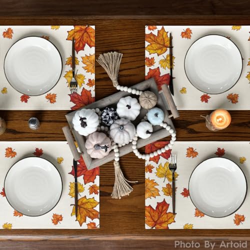 Set of 4 Fall Maple Leaf Placemats - 12 x 18 Inches, Durable Polyester