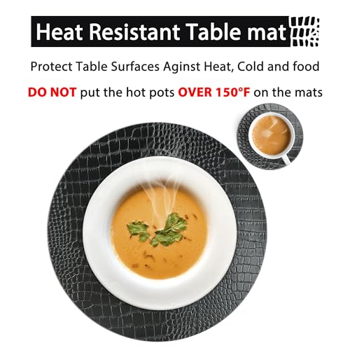 Round Leather Placemats Set of 4 - Black with Coasters, 13" Diameter, Waterproof & Washable - Variation: H Black