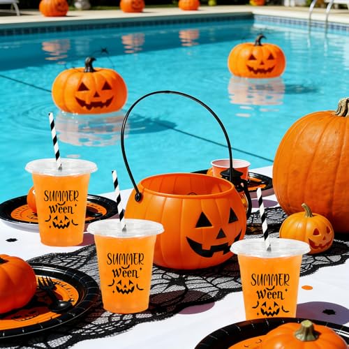 Summerween Disposable Plastic Cups Set with Lids & Straws - Black Pumpkin 12oz, 50 Pack