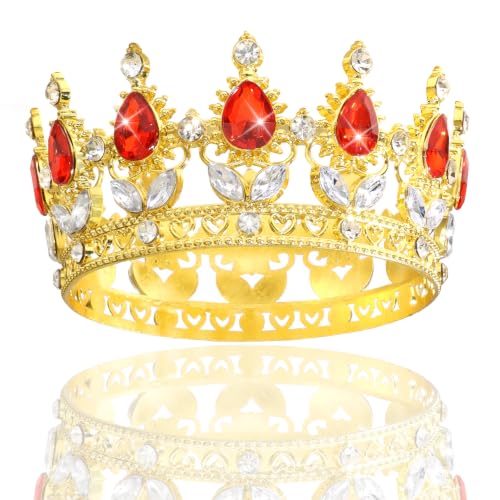 Mini Baby Crown Cake Topper - Gold & Red Crystal Tiara for Wedding & Birthday