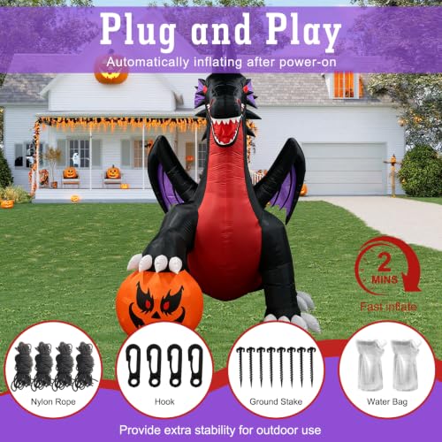 10Ft Halloween Inflatable Dragon with Pumpkin Pterosaur Outdoor Yard Decoration