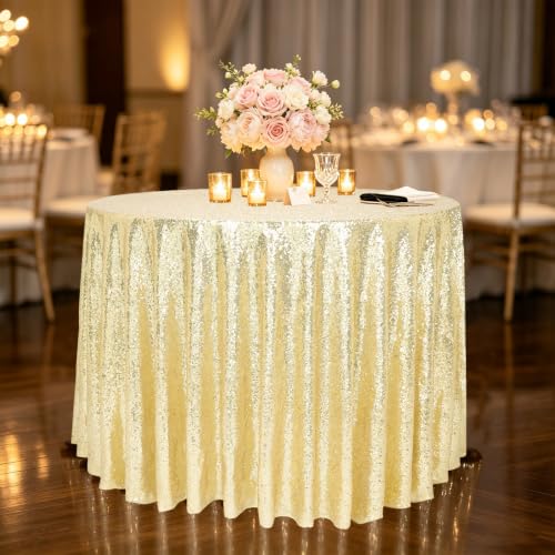 Light Gold Sequin Round Tablecloth 90 Inch - Sparkly Party Cover - Variation: Light Gold / 90"