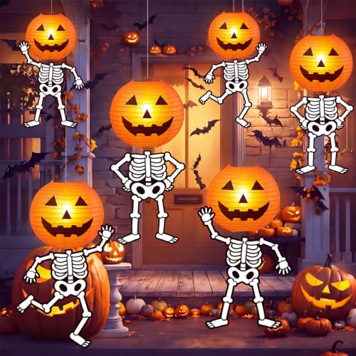 Halloween Pumpkin Lanterns and Skeleton Hanging Decorations - Spooky Party Decor