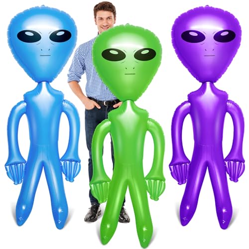Inflatable Alien Party Decorations Set - 67 Inch Jumbo Blow-up Toy in Blue, Green & Purple