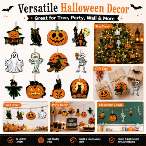 Wooden Halloween Hanging Decorations Set - Rustic Wreath Ornaments for Front Door, Window & Wall