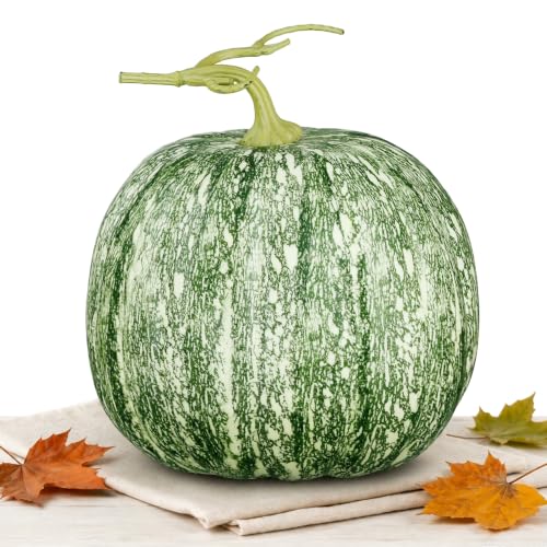Round 9x9 Inch Artificial Pumpkin Fall Decor - Green Rustic Halloween Thanksgiving