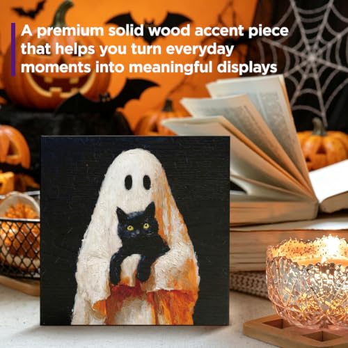 Halloween Ghost and Black Cat Wood Sign - Spooky Cute Decor for Home & Office