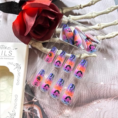 Halloween Press On Nails with Spider Web Pumpkin Bat Pattern - Medium Ballet Shaped 24Pcs