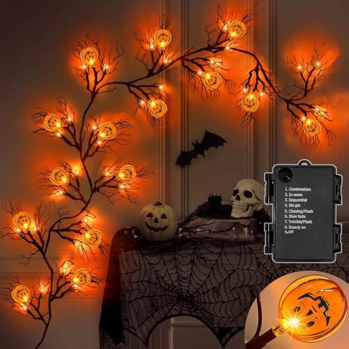 6 Ft LED Halloween Willow Vine Garland with Pumpkin Lights - Waterproof & Timer