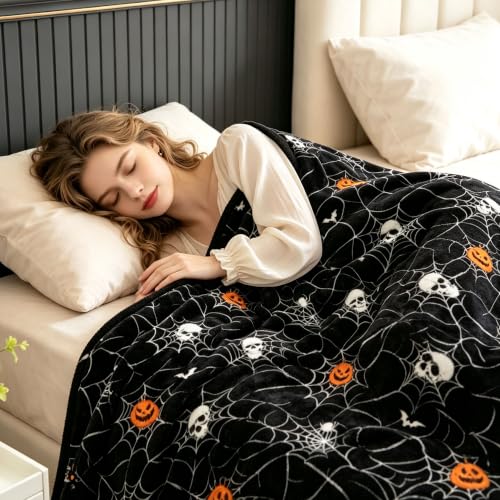 Halloween Throw Blanket Skull Pumpkin Spider Web - Spider Pumpkin Variation