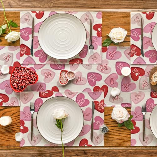 Rectangular Pink Heart Candy Valentine Placemats Set of 4 12x18 Inch Kitchen Table Decor