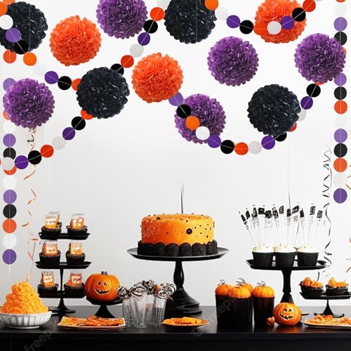 Halloween Decorations Party Black Purple Orange Tissue Paper Pom Poms - Orange Variation