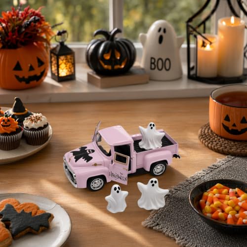 Pink Ghost Truck Halloween Figurine Set with Removable Mini Ghosts - Indoor Decor