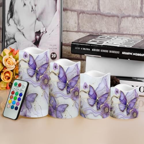 Purple Butterfly LED Pillar Candles Set of 4 with Remote & Timer - Color Changing Flameless Decor