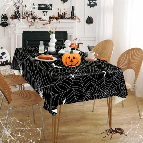 Halloween Plastic Tablecloth Waterproof Disposable Rectangular Cover - Black Spider Web, 54×108 Inches (3 Pcs)