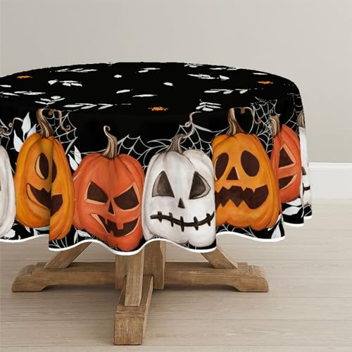 Halloween Tablecloth 90x90 Inch Round Black Orange Pumpkin - Durable Polyester