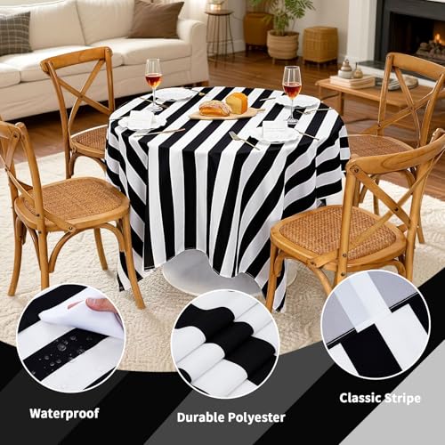 Black and White Striped Waterproof Tablecloth 57x120 Inch for Rectangular & Round Tables - Fanqisi