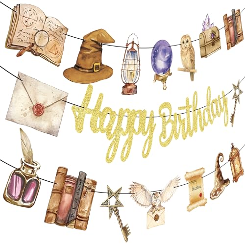 Gold Glitter Wizard Happy Birthday Banner 3-Pack - Fantasy Magic Party Decorations