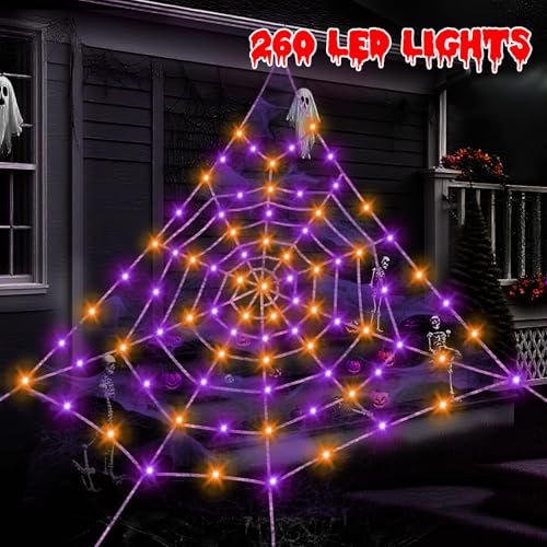Outdoor Halloween Spider Web Decorations with 260 LED Lights, Waterproof, 16.4 ft Large Web with Spider & Stakes