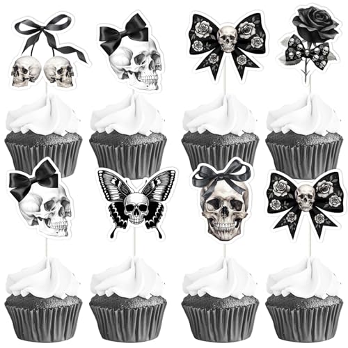 Gothic Birthday Cake Decorations Set – Skull, Black Bow & Skeleton Toppers for Halloween & Gothic Parties