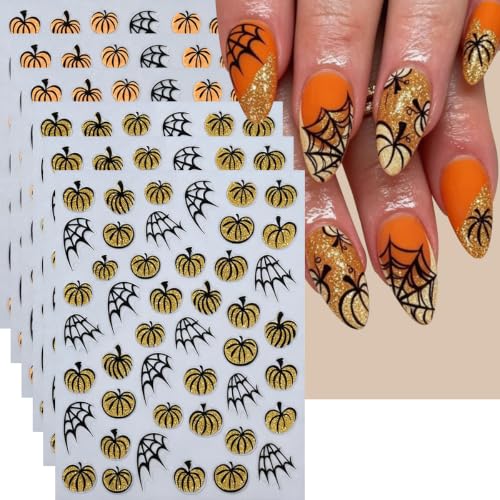 Halloween Pumpkin Nail Stickers - Gold Glitter 6-Piece Set - Style14