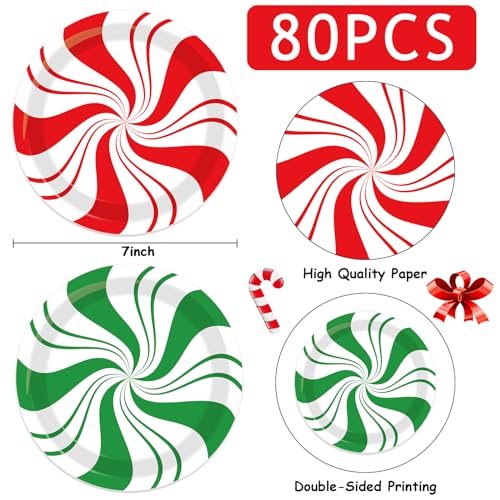80Pcs Christmas Peppermint Paper Plates - Disposable 7 Inch Holiday Dessert Dinnerware Set - Red & Green Striped Party Supplies - Peppermint Candy Variation
