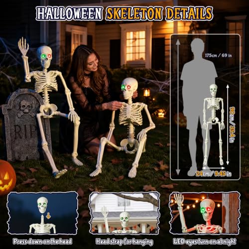 White 2 Pack 36-inch Halloween Skeleton Decorations with Luminescent Eyes — Hanging Skull Props for Indoor Decor